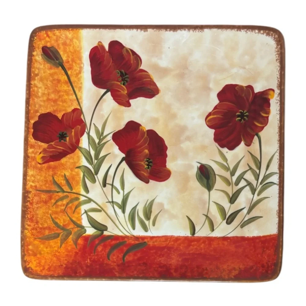 Pier 1 Poppies Plates Large 10.5”x10.5” Hand Painted Earthenware 4 Pc Set Red